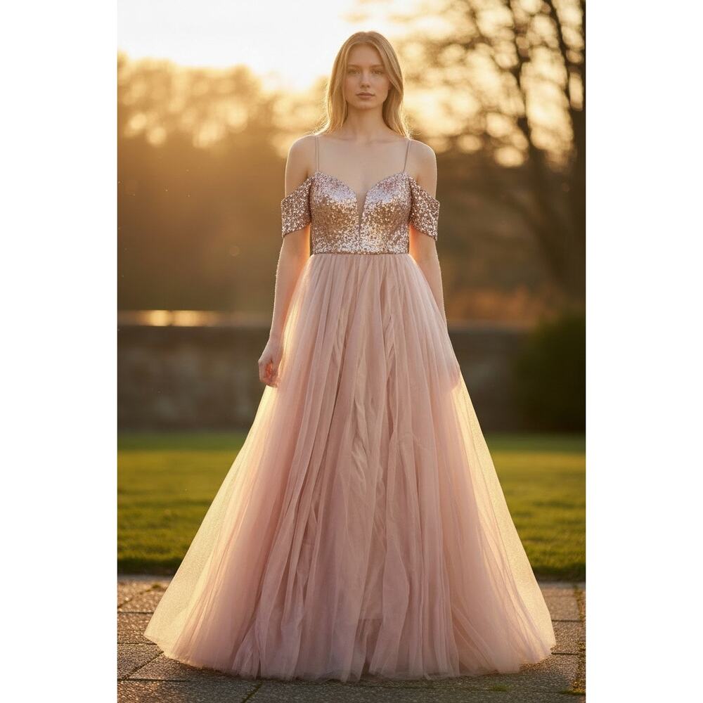 Champagne Colored Sequin Prom/Wedding Dress Size Large - Picture 7 of 7